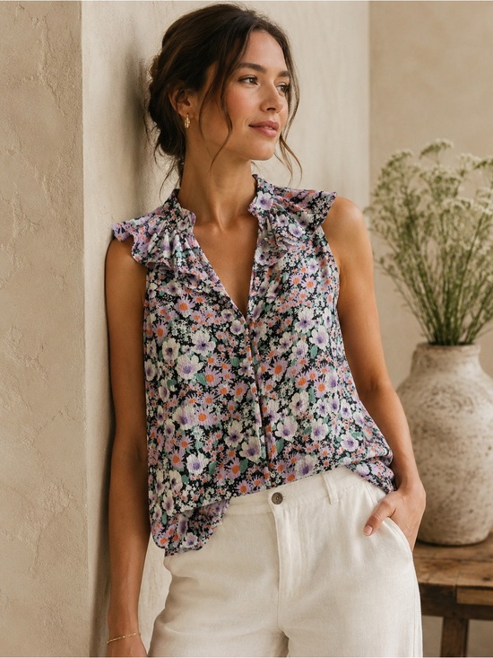 Anthropologie Tops - Anthropologie Floral Ruffle Neck Blouse Sleeveless Textured Boho Cottagecore S